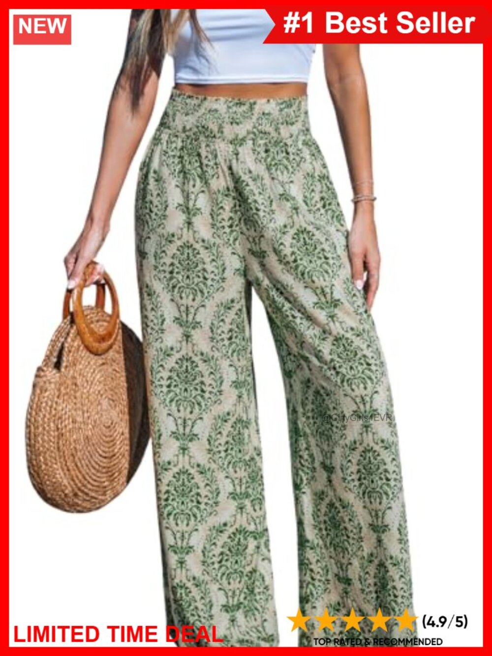 Women's High Rise Wide Leg Elastic Waist Boho Beach Pants